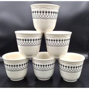 Syracuse China Vintage 101-H USA Set‎ of 6 White Cups Black Fleur-de-lis Design